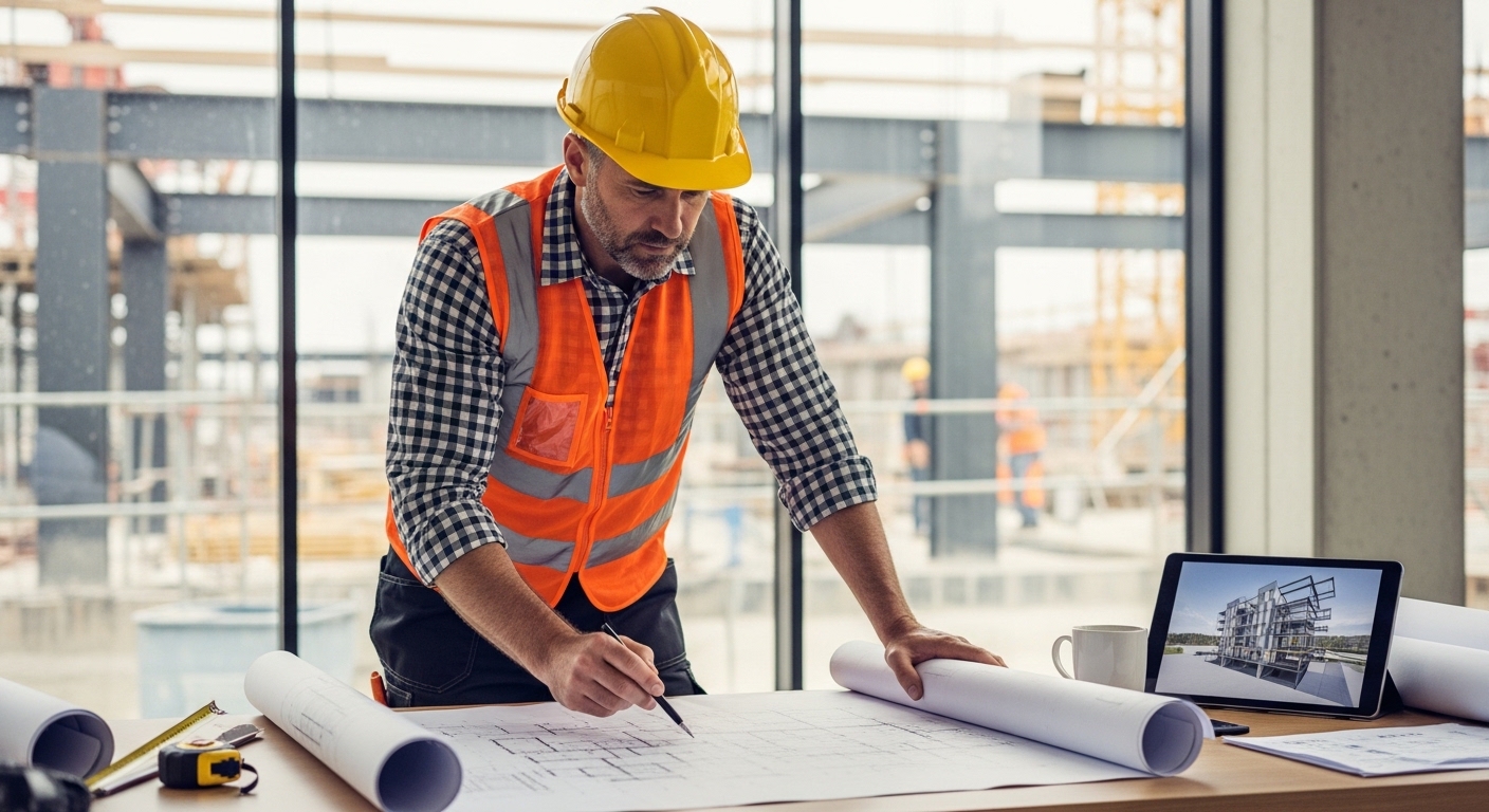 Professional contractor reviewing blueprint on construction site